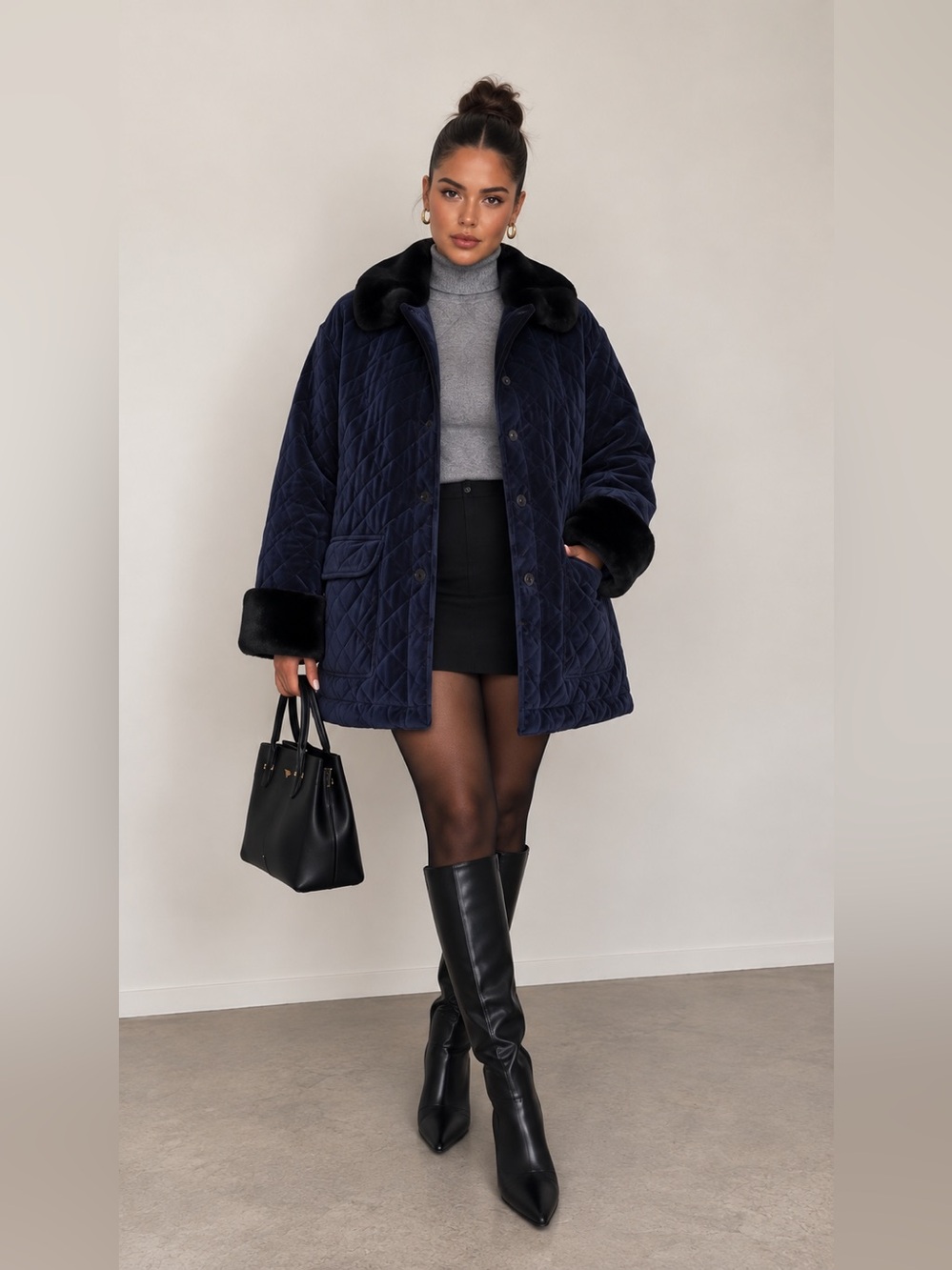 Vintage LizSport Navy Quilted Velvet Faux Fur Coat L Mob Wife Y2K Après Ski